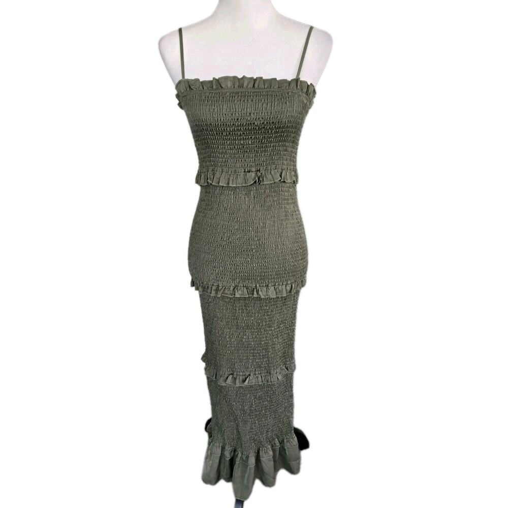 Mable Anthropologie Smocked Tiered Ruffled Olive Green Form Fitting Dress Sz M